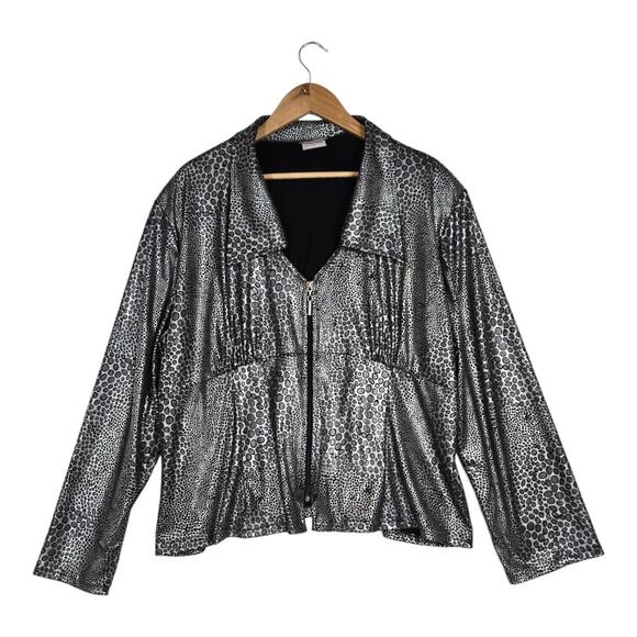 Artex Fashions Jacket Sz 2X Black Silver Metallic Animal Print Slinky Zip Up - Picture 1 of 14